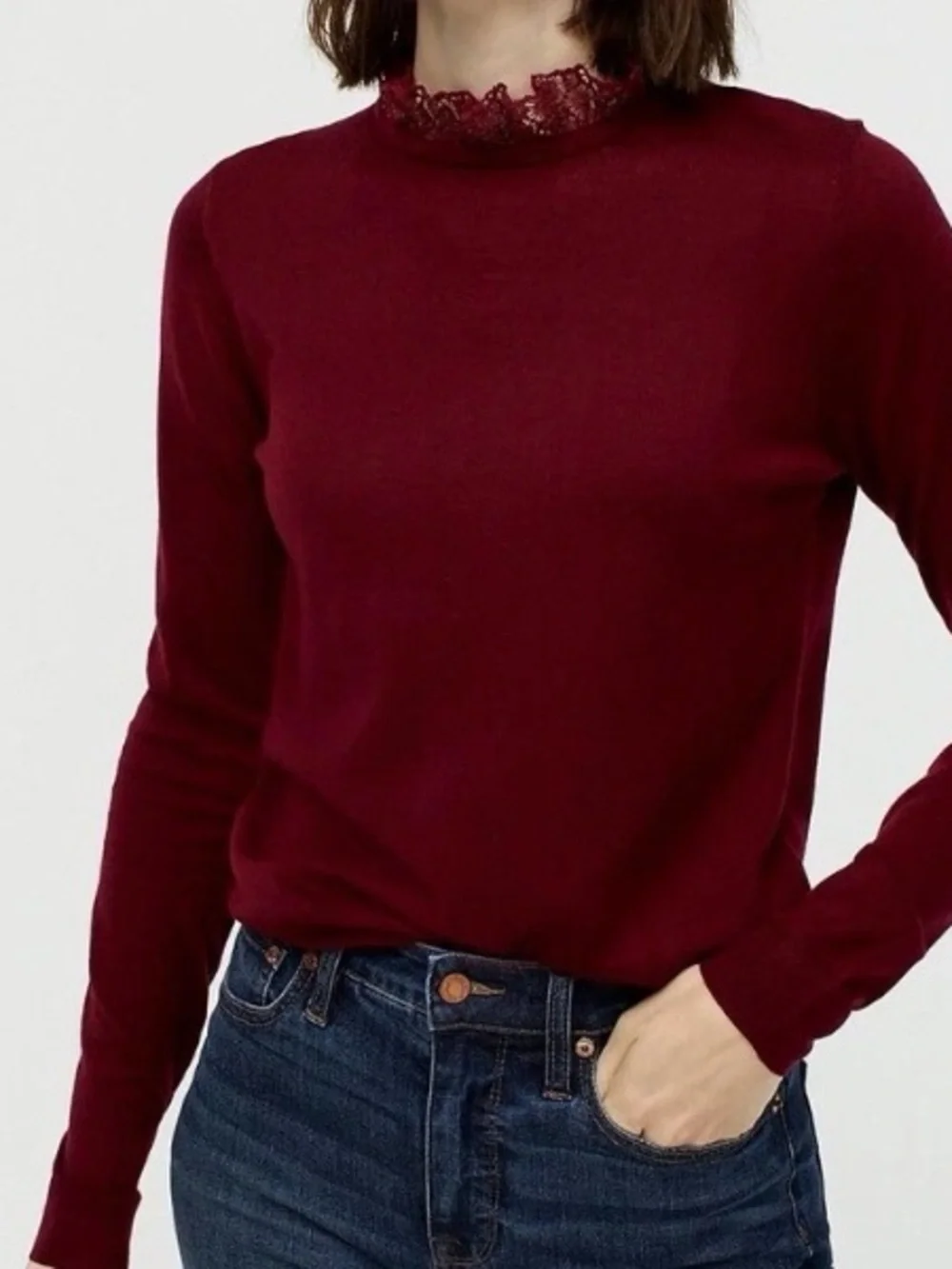 J.Crew Victorian Romantic Lace Collar Ruffle Lace Neck Maroon Size Small